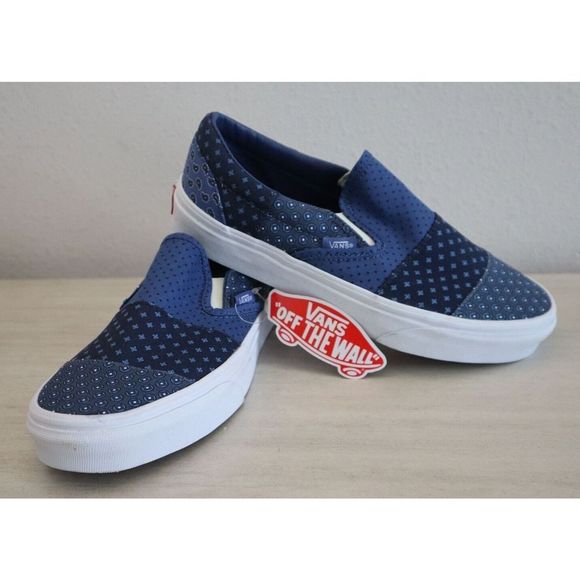 VANS Men's 6 Women's 7.5 Blue Tie Print Patchwork Classic Slip-On Shoes SIB - Picture 1 of 5